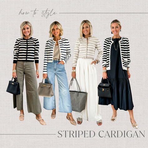 These are pieces I always keep in my closet! I reach for the when styling outfit daily. The striped cardigan is perfect for the office or to layer over dresses. Wearing an XS in most items - true to size! Lady Cardigan Outfit, Striped Cardigan Outfit, Stripe Cardigan Outfit, Loverly Grey, Best Cardigans, Money Outfit, Gray Accessories, Cardigan Outfit, 2024 Outfits