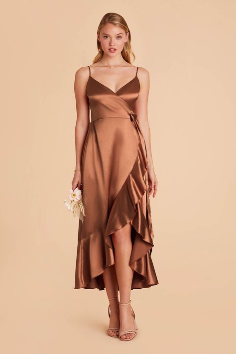 This isnt Ennie-ol midi dress, if youll pardon the pun. The unique neckline is somewhere between a scoop neck and a cowl neck (and its the dead center of style). Ennie makes any bridesmaid look instantly pulled-together, and the soft draping of the neckline elevates the look. This dress is designed to hug your body, so we recommend sizing up if you prefer a looser fit. Check out our bridesmaid heels to complete the look. Chocolate Brown Bridesmaid Dress, Bridesmaid Heels, Bridesmaids Heels, Brown Bridesmaid Dresses, Rust Bridesmaid Dress, Wedding Roles, Midi Bridesmaid Dress, Satin Bridesmaid Dress, Birdy Grey