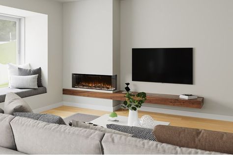 Offset Fireplace Living Rooms, Tv Wall With Fireplace Modern, Corner Fireplace Living Room, Fireplace Modern Design, Corner Electric Fireplace, Modern Electric Fireplace, Feature Wall Living Room, Living Room Decor Fireplace, Contemporary Fireplace