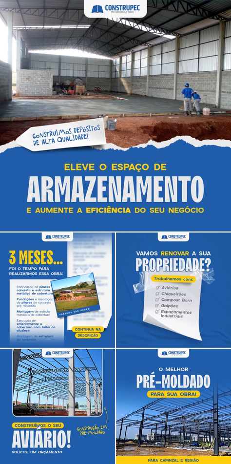 In blue, yellow and white, these posts for instagram feed were made for a construction company. Simple, almost clean design. Blue And Yellow Instagram Feed, Construction Company Social Media Post, Posts For Instagram, Storage Business, Poultry House, Civil Construction, Social Post, Precast Concrete, Construction Work