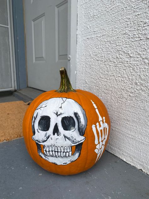 Skeleton pumpkin painting Painted Skeleton Pumpkin, Pumpkin Painting Skeleton, Pumpkin Painting Ideas Skeleton, Skeleton Painted Pumpkin, Horror Pumpkin Painting, Skull Pumpkin Painting, Scary Painted Pumpkins, Skeleton Pumpkin Painting, Skeleton Pumpkin Carving