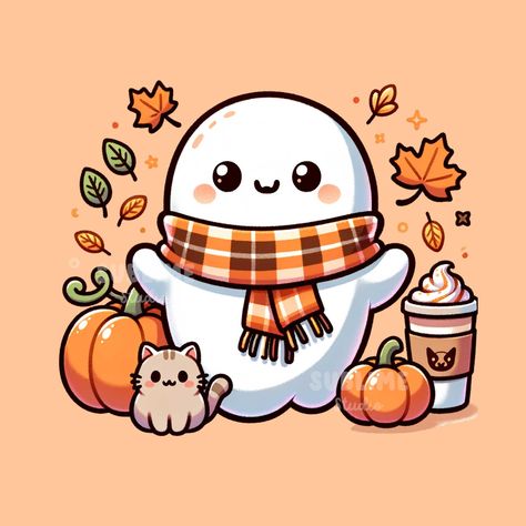 Ghost With Coffee, Spooky Coffee, Coffee Fall, Cute Halloween Ghost, Halloween Wallpaper Cute, Art Mignon, Posca Art, Cute Fall Wallpaper, Ghost Png