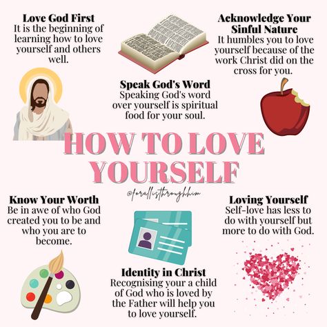 Do you know how to love yourself as a Christian woman? The concept of self-love taught by society is not the same as what is biblically taught to us, believers. Self-love has nothing to do with yourself as the world may say, but it has everything to do with God. That’s true self-love. In my blog post, I share 5 ways which will help you love yourself the way God loves you, CHECK IT OUT. #loveyourself #jesusloves #jesuslovesyou #love #valentinesday #christianblog #quotes #christiangirl #christian Christian Tips, Holy Girl, How To Believe, How To Love Yourself, Christian Affirmations, Get Closer To God, Christian Bible Study, Bible Study Lessons, Bible Study Verses