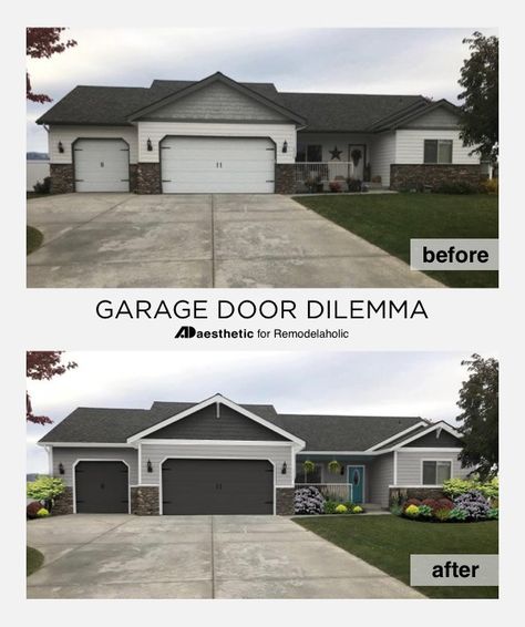 Remodelaholic | Real Life Rooms: Garage Door Curb Appeal Dilemma Garage Door Curb Appeal, Exterior Ranch Remodel, Grey Garage Doors, Black Garage Doors, Garage Door Colors, Garage Door House, Garage Door Paint, Garage Door Types, Best Garage Doors