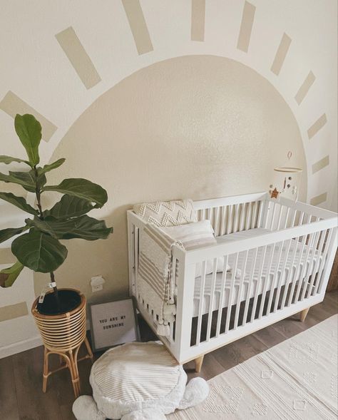 Nursery Wall Arch Paint, Boho Simple Nursery, Sun Behind Crib, Boho Sun Themed Nursery, Pastel Gender Neutral Nursery, Rainbow Themed Nursery Gender Neutral, Easy Nursery Paint Ideas, Gender Neutral Nursery Mural, Sun Nursery Decor