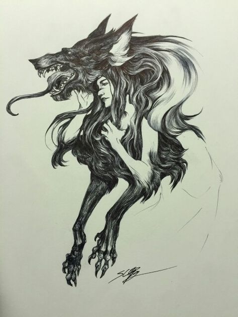 Lady wolf Hellhound Tattoo, Viking Sleeve, Werewolf Tattoo, Pikachu Tattoo, Fly Drawing, Valkyrie Tattoo, Her Tattoo, One Tattoo, Creepy Drawings