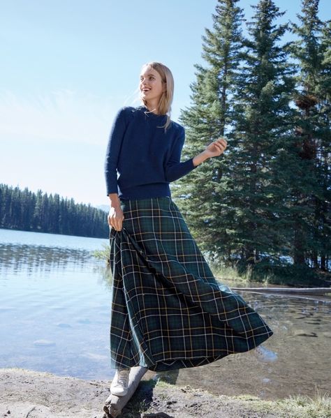 J. Crew Italian Cashmere Waffle Sweater with Buttons, J. Crew Collection Maxi Skirt in Tartan and Tretorn Canvas T56 Sneakers Checked Skirt Outfit, Checked Skirt, Tartan Fashion, Tartan Skirt, Skirt Outfit, Fashion Images, 2016 Fashion, Skirt Outfits, Modest Fashion