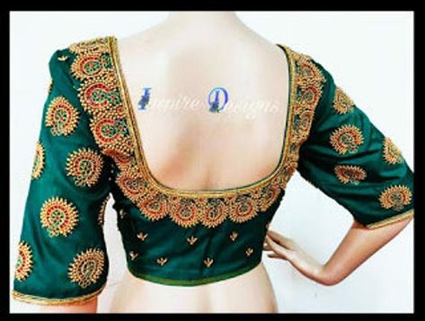 Check out this item in my Etsy shop https://www.etsy.com/listing/833200421/bridal-blouse-dark-green-blouse-jumka Work Blouse Hand Designs, Blouse With Pearls, Dark Green Blouse, Maggam Work Blouse, Aari Blouse, Stitching Dresses, Aari Work Blouse, Maggam Work Blouses, Wedding Blouse