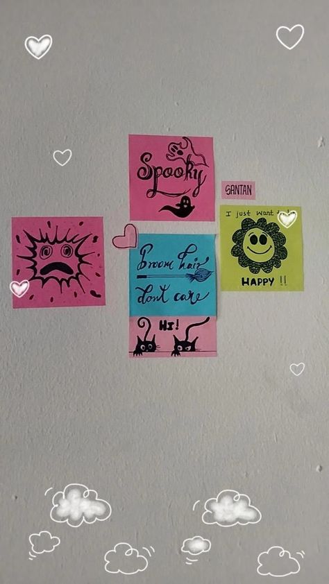 Sticky notes abstract idea Sticky Notes Ideas Wall, Sticky Notes Ideas Wall Bedroom, Sticky Notes Wall Decor, Sticky Note Decor, Sticky Note Doodles, Sticky Notes Aesthetic, Cat Pattern Wallpaper, School Doodles, Note Doodles