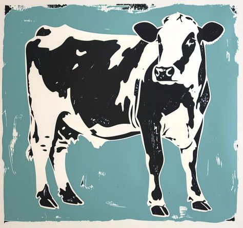 The image is a linocut print of a cow. The cow is black and white, and is standing on a blue background ->> more details in ai-img-gen.com Cow Linocut, Cow Graphic Design, Cow Illustration, Black And White Cow, Art Account, Cow Design, Mural Ideas, White Cow, The Cow