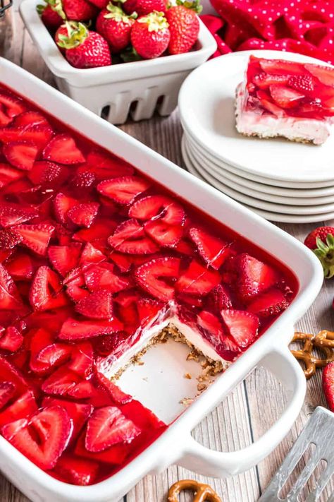 Strawberry Pretzel Salad Recipe - Shugary Sweets Strawberry Pretzel Jello, Strawberry Pretzel Salad Recipe, Strawberry Pretzel Dessert, Pretzel Desserts, Strawberry Pretzel Salad, Pretzel Salad, Strawberry Pretzel, Fluff Desserts, Strawberry Jello