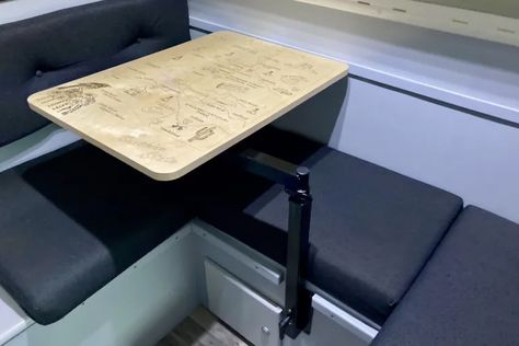 New EZ-Reach RV Rotating Table is a Big Improvement - Truck Camper Adventure Rv Folding Table Ideas, Van Table Ideas, Camper Table Ideas, Rv Table Ideas, Campervan Table, Rv Table, Camper Table, Trillium Trailer, Van Table