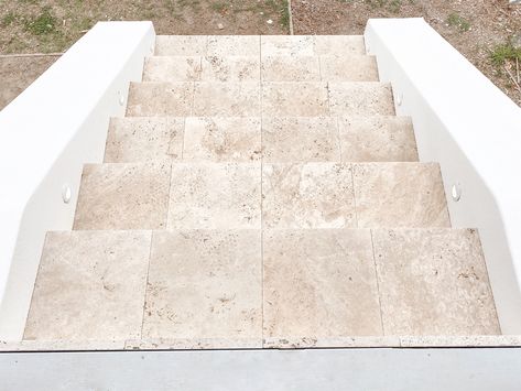 Steps With Lights, Outdoor Stairs To House Entrance, Cement Tiles Outdoor, Backyard Stairs, Travertine Steps, Travertine Stairs, Poured Concrete Patio, Front Porch Deck, Outside Stairs