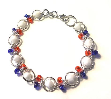 Silver Bracelet With Red White and Blue Beads July 4th | Etsy Patriotic Bracelet, Pearl Bangle Bracelet, Double Heart Ring, Patriotic Jewelry, Bunny Necklace, Chainmaille Jewelry, Chain Maille Jewelry, Pearl Bangle, Wire Wrapped Bracelet