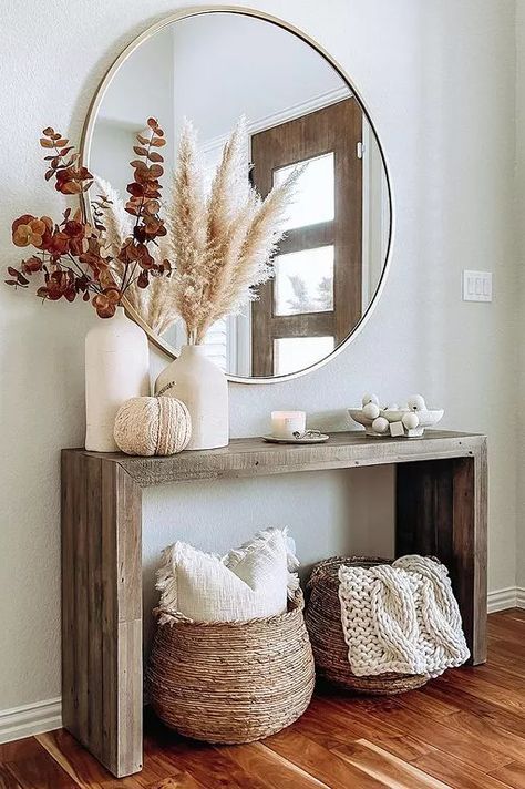 Front Entryway Table Ideas, Small Entryway Table Ideas, Entryway Renovation, Small Entryway Table, Apartment Decorating Living, Earthy Home Decor, Beach House Interior Design, Narrow Hallway Decorating, Entryway Table Decor