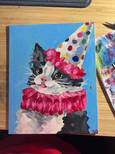 Cat In Clown Costume, Clown Cat Painting, Vintage Clown Painting, Paintings Based On Songs, Cat Drawing Canvas, Whimsical Cat Painting, Cute Clown Painting, Silly Cat Painting, 2 Cats Painting