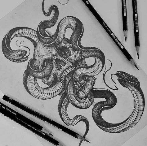 Snake Skull Tattoo, Krampus Tattoo, Snake Skull, Tier Tattoo, Snake Tattoo Design, 4 Tattoo, Animal Skull, Mythology Tattoos, Geniale Tattoos