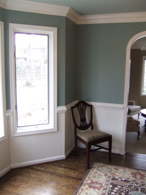 I really like this paint color but it might be too dark for most of the house. Stratton Blue Chair Rail Paint Ideas, Dining Room Chair Rail, Stratton Blue, Dining Room Wall Color, Blue Kitchen Walls, Dining Room Paint Colors, Stone Paint, Room Wall Colors, Dining Room Paint