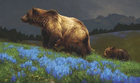 Greg Beecham, Summertime Blue, oil, 18 x 30. - Southwest Art Magazine Greg Beecham, Polar Bear Paint, Animal Painter, Bear Painting, Bear Paintings, Brown Bears, Wildlife Artwork, Nature Artists, Wildlife Paintings