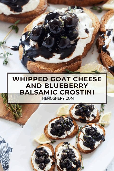 Blueberries, whipped goat cheese, and balsamic reduction make a simple and elegant crostini, the perfect appetizer for your next fabulous party. Blueberry Appetizer, Balsamic Crostini, Eat Appetizers, Goat Cheese Recipes Appetizers, Blueberry Balsamic, Blueberry Goat Cheese, Cheese Recipes Appetizers, Goat Cheese Crostini, Goat Cheese Appetizer