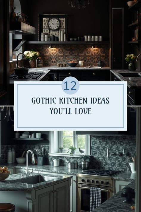 Looking to bring your kitchen to life with a gothic twist? These 12 unique ideas offer enchanting inspirations for creating the dream gothic kitchen you’ve always wanted! Infuse dark elegance and mystery with deep colors, striking decor, and creative design elements. From intricate plant life to captivating choices that beckon natural light, transform your space with fascinating textures. Don't miss these stylish suggestions that perfectly blend the old and the new in your kitchen - a great way to spark creativity and express your unique style! Gothic Kitchen Ideas, Elegant Vibes, Goth Kitchen, Witchy Kitchen, Gothic Kitchen, Unique Sinks, Dark Countertops, Modern Gothic, Dark Color Palette