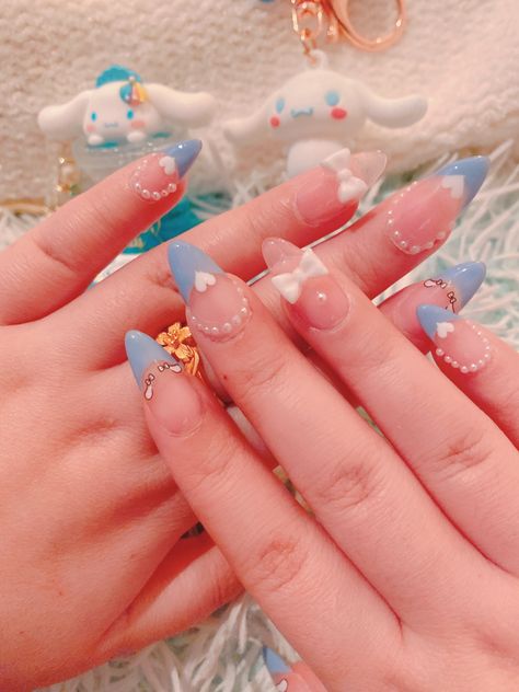 cinnamoroll inspired nails Cute Aesthetic French Tip Nails, Cute Sanrio Nail Ideas, Sanrio Nails Simple Short, Kawaii French Nails, Kawaii Nails Acrylic Almond, Cinnamon Roll Inspired Nails, Sanrio Nails Ideas, Cute Nail Designs Sanrio, Sanrio French Tip Nails