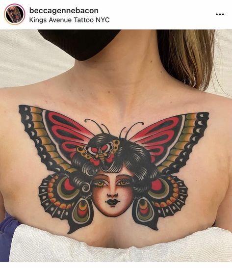 Traditional Back Tattoo Design, Butterfly Head Tattoo, Neo Traditional Collar Bone Tattoo, Traditional Butterfly Chest Tattoo, Old School Butterfly Tattoo, Human Face Tattoo, Trad Butterfly Lady Tattoo, Traditional Tattoo Neck, American Traditional Tattoos Moth