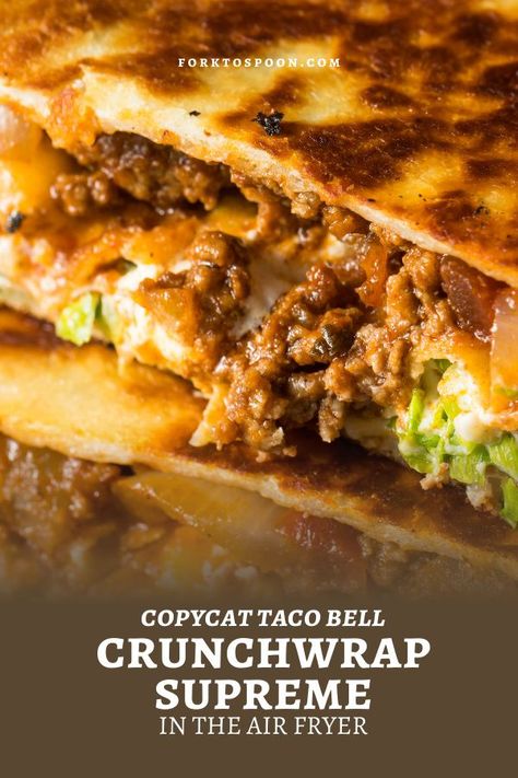 Crunchwrap Air Fryer, Taco Air Fryer Recipes, Air Fryer Crunch Wraps, Air Fryer Burrito Recipes, Air Fryer Crunch Wrap Supreme, Air Fryer Burrito, Crunchwrap Supreme Recipe, Nuwave Recipes, Taco Bell Crunchwrap Supreme