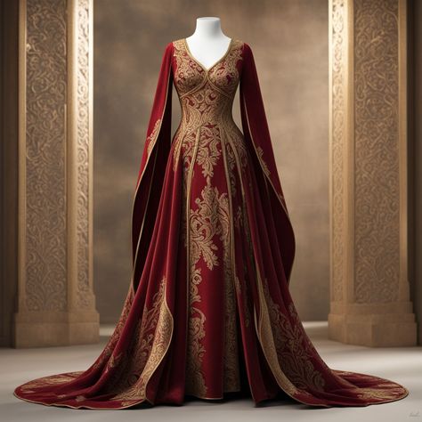 Persian Royalty Aesthetic, Royal Attire Princesses, Royal Dresses Queens, Elven Dresses, Red And Gold Gown, Persian Dress, Era Medieval, Autumn Court, Royal Attire