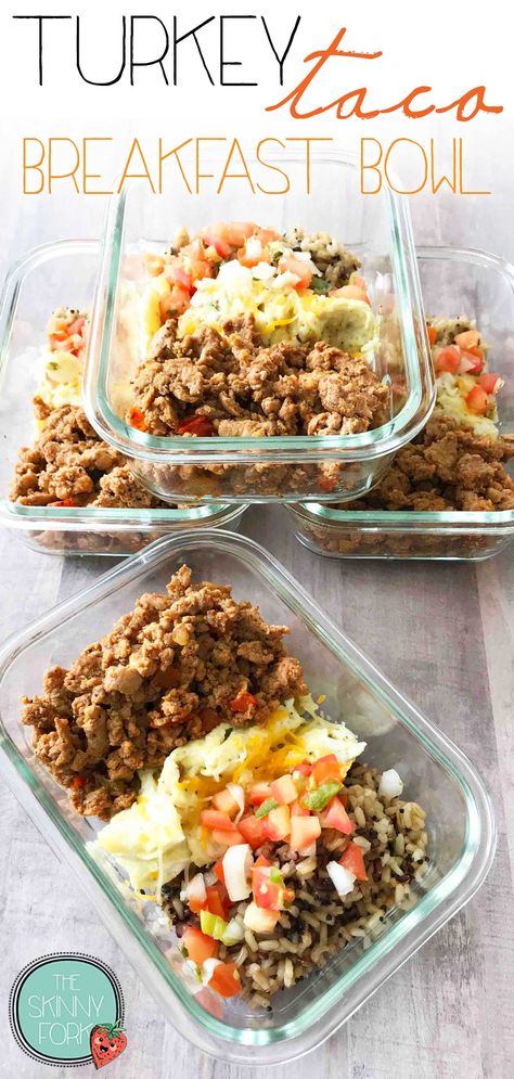 Skinny Turkey Taco Breakfast Bowl — The Skinny Fork Lean Breakfast, Turkey Breakfast Recipes, Rice And Turkey, Ground Turkey Taco Recipes, Rice For Breakfast, Taco Breakfast, Bacon Bowl, Breakfast Tacos Recipe, Taco Meal