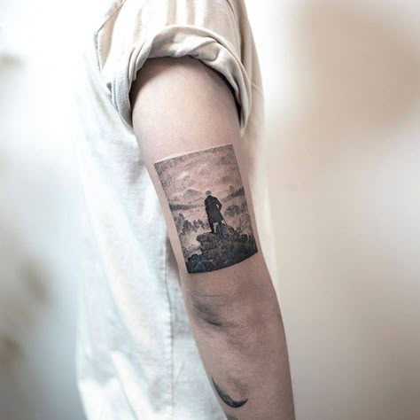 Caspar David Friedrich, Wanderer above the Sea of Fog Hongdam Tattoo, Wanderer Tattoo, Sea Of Fog, Tricep Tattoos, David Tattoo, David Friedrich, Band Tattoo Designs, Latest Tattoos, Caspar David Friedrich