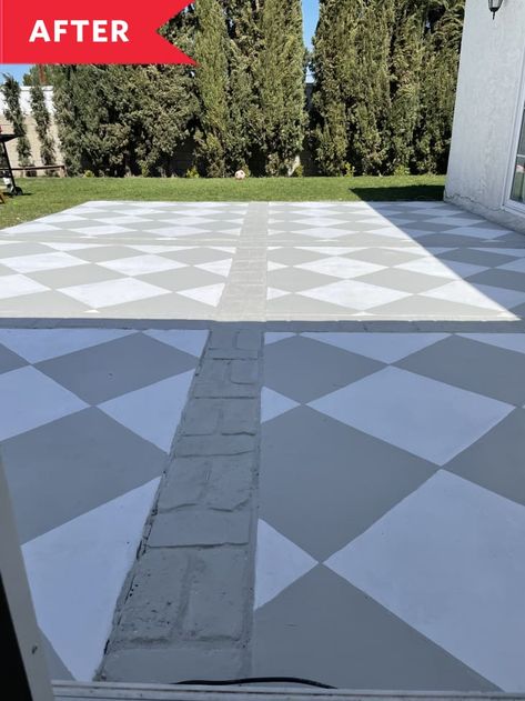 DIY Checkered Patio Paint Refresh | Kitchn Checkered Patio, Patio Redo, Patio Paint, Power Washing, Painted Patio, Patio Flooring, Yard Project, Small Yard, Concrete Slab