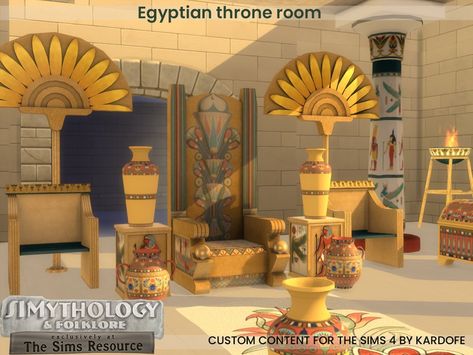 Egyptian Throne Room, Sims 4 Egyptian, Egyptian Throne, Living Room Sims 4, Decorative Columns, Sims 4 Clutter, Throne Room, 4 Dining Chairs, Sims 4 Build