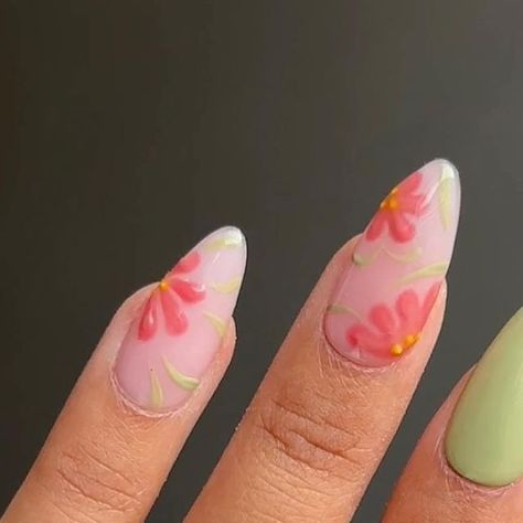 pearlie pressed | diy nail art | gel x on Instagram: "luscious floral nails 🌷☁️ - here’s a cute nail inspo if you love your flower nails!  i will never be over floral nails! what about you?  painted using @buriburinails “summer 6 colors sold cream nail polish set” the gels are so smooth and easy to use, i quite enjoyed it 😌  #flowernails #flowernailart #flowernail #flowernaildesign #floralnails #floralnailart #flowernailsart #greennails #pinknails" Pink Floral Nail Art, Minimal Flower Nail Art, Light Pink Nails Flower Design, Light Pink Nails Flowers, Pink Flower Nails Aesthetic, Bright Pink Flower Nails, Simple Floral Nails, Cream Nail Polish, Cream Nail