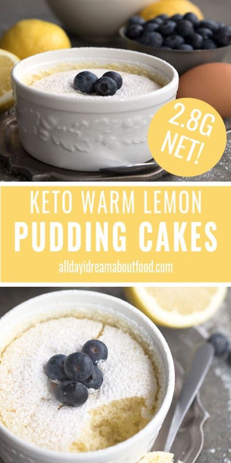 Keto lemony goodness! These warm and gooey pudding cakes are the perfect spring dessert. Sugar free and grain free so you can indulge at your leisure! Only 3.5 g total carbs per serving. #ketodesserts #lemonrecipes Keto Pudding, Pudding Cakes, Lemon Pudding Cake, Spring Dessert, Low Carb Brownies, Keto Mug Cake, Low Carb Dessert, Lemon Pudding, Keto Cake