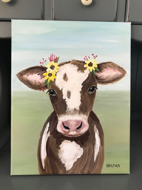 Acrylic Farm Painting Easy, Funny Cow Paintings, Cow Painting Ideas Easy, Animal Canvas Painting Ideas, Cute Cow Paintings On Canvas, Farm Animal Canvas Painting, Cute Farm Animal Paintings, Cow Print Painting Ideas, Cute Animal Paintings Easy