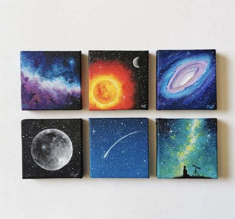 Burned Canvas Art, Space Art Acrylic, Space Painting Aesthetic, Canvas Painting Ideas Space, Tiny Canvas Art Ideas, Tiny Acrylic Painting Mini Canvas, Painting Ideas On Canvas Space, Space Artwork Painting, Space Painting Ideas Easy