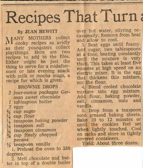 Brownie Drops Newspaper Recipes, 1 October, Heirloom Recipes, Brownie Ingredients, Handwritten Recipes, Drop Cookies, Double Boiler, Old Fashioned Recipes, Retro Recipes