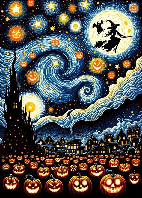 Van Gogh art - Van Gogh inspired Starry Night Halloween 🎃 Happy Halloween Pictures, Holiday Images, Kunst Inspiration, Van Gogh Art, Starry Night Van Gogh, Halloween Painting, Expressive Art, Halloween Images, Halloween Pictures