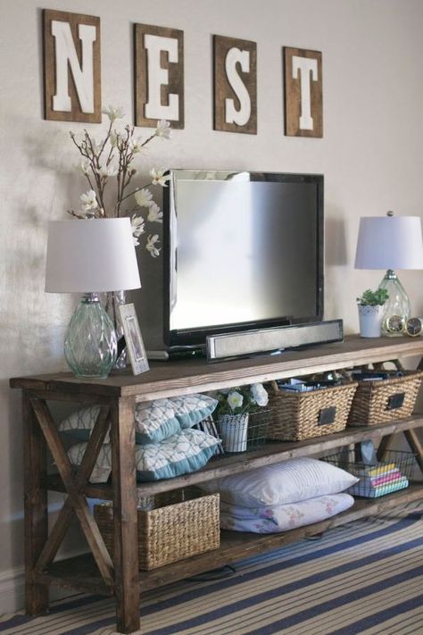 How To Decorate Around A TV - How To Decorate Around A Tv, Decor Around Tv, Diy Home Decor For Apartments, Diy Console Table, Farmhouse Tv Stand, Farmhouse Decorating, Flat Screen Tv, Diy Farmhouse Decor, Farmhouse Furniture