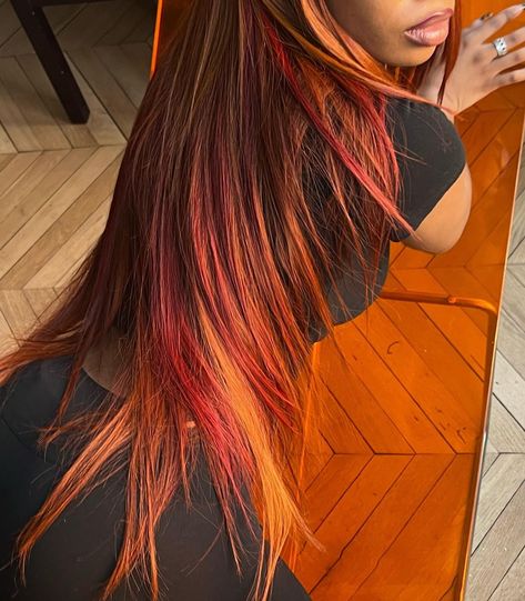 Colorful Strands Hair, Natural Hairstyles For Black Women Color, Red Rinse On Black Hair, Dyed Hair At The Ends, Bob Quick Weave Hairstyles With Color, Black Women Skunk Stripe Hair, Red And Orange Wig, Autumn Hairstyles For Black Women, Fall 2024 Hairstyles For Women