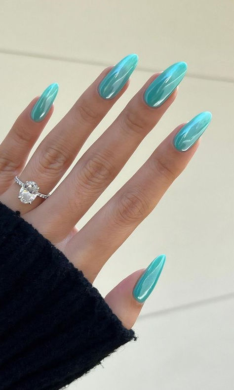 turquoise nails: chrome Cool Nail Inspo Chrome, Metallic Turquoise Nails, Turquoise Nails Summer, Turquoise Nails Chrome, Teal Summer Nails Turquoise, Bright Turquoise Nails, Tirkiz Nails, Torquise Blue Color Nails, Turquoise Prom Nails