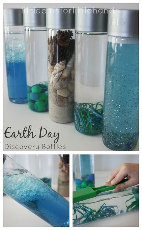 Earth Day Discovery Bottles - little bins for little hands Science Bottle, Science Decorations, Kindergarten Science Activities, Earth Science Activities, Discovery Bottles, Earth Week, Science Decor, Earth Day Crafts, Science Activity