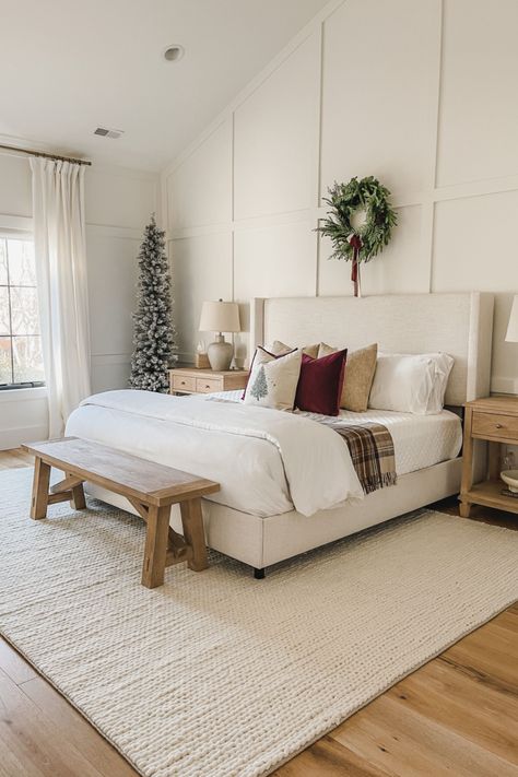 Primary Bedroom Winter Decor with Cozy Christmas Vibes, Christmas Decor, Home Decor, French White Oak Flooring, Braided Wool Rug, Pottery Barn Style, Cozy Christmas, Winter Decor in the bedroom, Neutral Style Bedroom Winter Decor, Floor Bedroom Ideas, Masculine Bedroom Decor, Light Wood Bed, Bedroom Neutral, Colors For 2024, Best Bedroom Colors, Herringbone Wood Floor, Masculine Bedroom