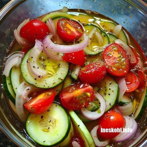 Marinated Cucumbers Onions and Tomatoes | InesKohl Kitchen Marinated Cucumbers Onions And Tomatoes, Cucumbers Onions And Tomatoes, Ineskohl Kitchen, Cucumber Snacks, Tomato Cucumber Salad, Tomato And Onion Salad, Onions And Tomatoes, Marinated Cucumbers, Side Salads