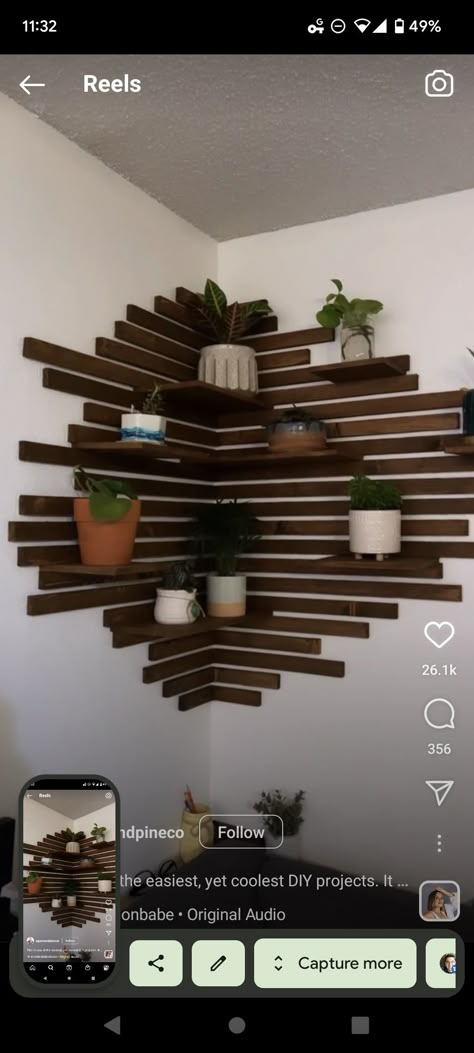 Wooden Wall Slats With Shelves, Wood Slate Corner Wall, Corner Wood Wall Decor, Corner Wood Wall Design, Wood Slat Shelf Wall, Slat Wall Corner Shelves, Slat Wall Corner Ideas, Wooden Slat Shelves, Corner Slat Shelves