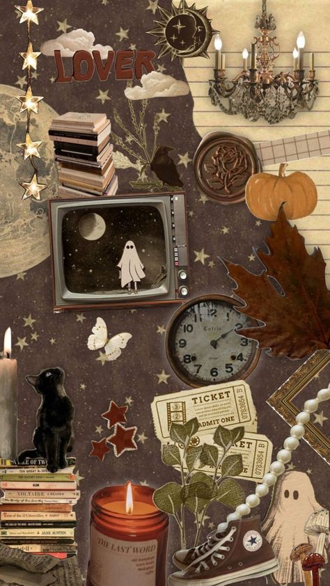 Fall Academia Wallpaper, Book Collage Art, Fall Phone Wallpaper Collage, Autumnal Aesthetic Wallpaper, Autumn Themed Wallpaper, Aesthetic For Collage, Dark Academia Fall Wallpaper, Halloween Moodboard Aesthetic, Fall Brown Wallpaper