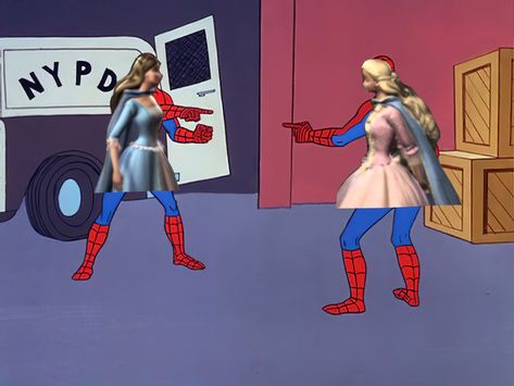 Im just like you, your just like me Barbie princess and the pauper pointing spiderman meme - Erika - Analeese - barbie PAP Erika Meme, Barbie Pap, Barbie Humor, Barbie Princess And The Pauper, Barbie Memes, Spiderman Meme, Barbie Funny, Barbie Aesthetic, 12 Dancing Princesses