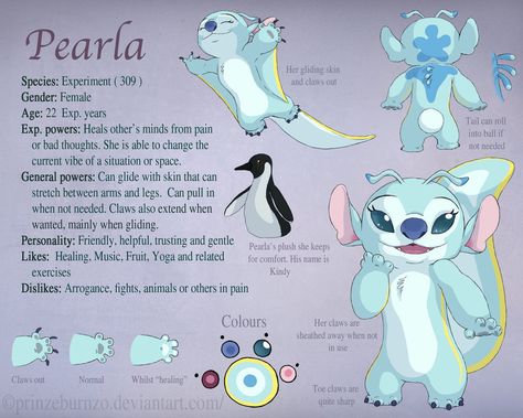 Pearla reference sheet by PrinzeBurnzo on DeviantArt Lightning Elemental, Stitch Experiments, Stitch Cousins, Lilo And Stitch Experiments, Disney Stitch Tattoo, Stitch 626, Face Markings, Earth Elemental, Species Guide