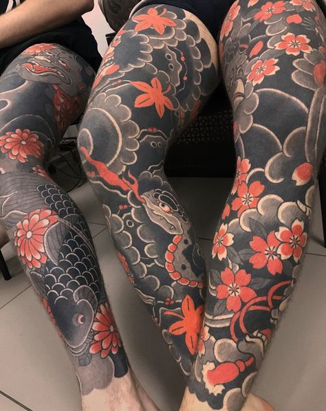 Japanese Cloud Sleeve Tattoo, Asian Style Tattoos Japanese Art, Trad Japanese Tattoo Sleeve, Japan Themed Tattoo, Japanese Thigh Tattoo, Japanese Knee Tattoo, Japanese Leg Sleeve, Tato Irezumi, Japanese Sleeves